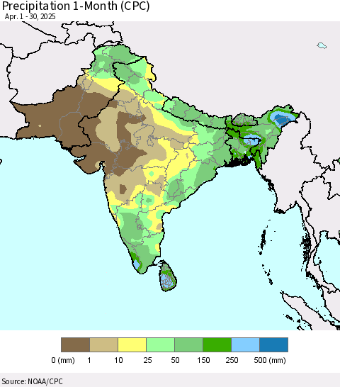 Southern Asia Precipitation 1-Month (CPC) Thematic Map For 4/1/2025 - 4/30/2025