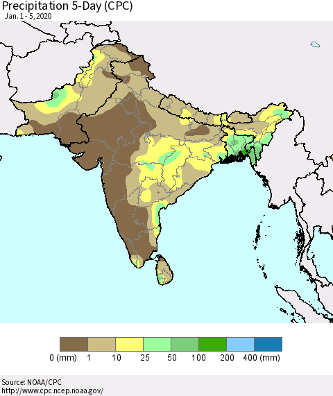 Southern Asia Precipitation 5-Day (CPC) Thematic Map For 1/1/2020 - 1/5/2020