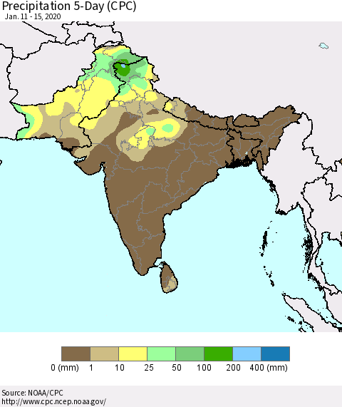 Southern Asia Precipitation 5-Day (CPC) Thematic Map For 1/11/2020 - 1/15/2020