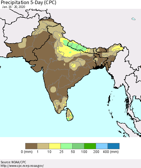 Southern Asia Precipitation 5-Day (CPC) Thematic Map For 1/16/2020 - 1/20/2020