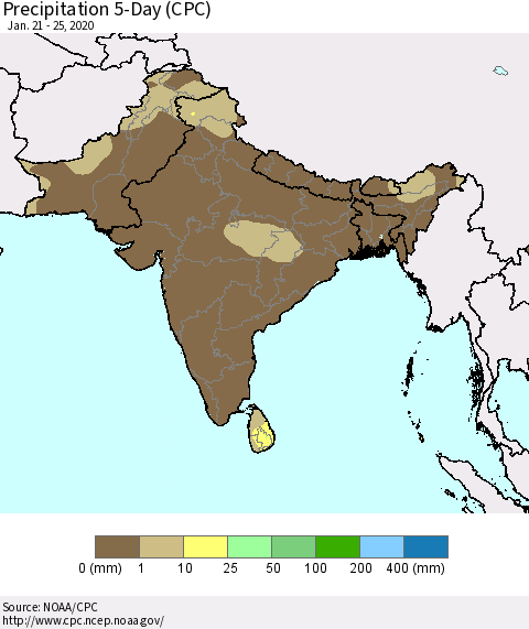 Southern Asia Precipitation 5-Day (CPC) Thematic Map For 1/21/2020 - 1/25/2020