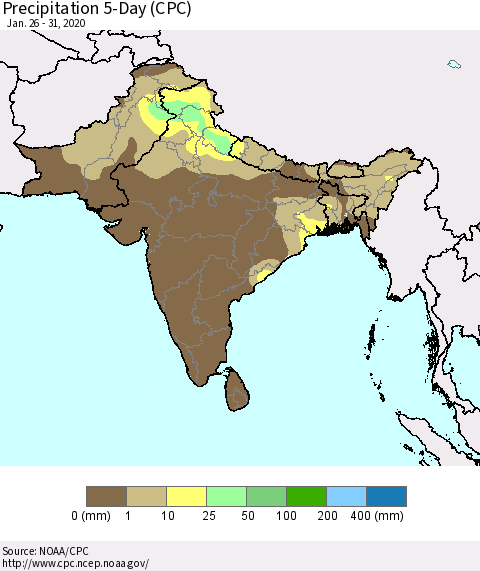 Southern Asia Precipitation 5-Day (CPC) Thematic Map For 1/26/2020 - 1/31/2020
