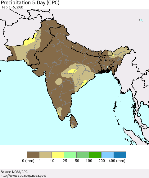 Southern Asia Precipitation 5-Day (CPC) Thematic Map For 2/1/2020 - 2/5/2020