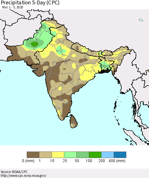 Southern Asia Precipitation 5-Day (CPC) Thematic Map For 3/1/2020 - 3/5/2020