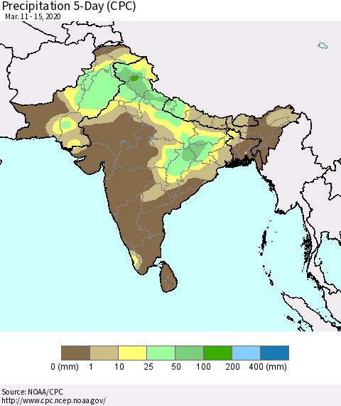 Southern Asia Precipitation 5-Day (CPC) Thematic Map For 3/11/2020 - 3/15/2020