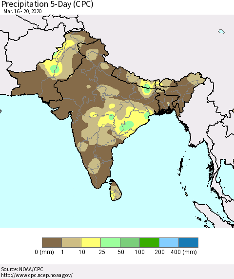 Southern Asia Precipitation 5-Day (CPC) Thematic Map For 3/16/2020 - 3/20/2020