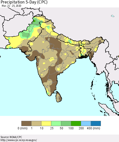 Southern Asia Precipitation 5-Day (CPC) Thematic Map For 3/21/2020 - 3/25/2020