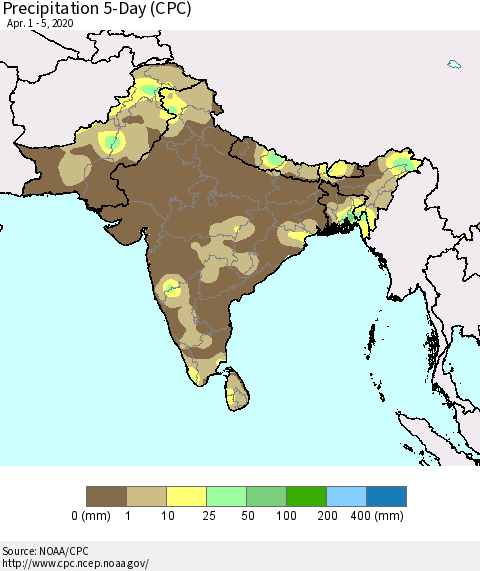 Southern Asia Precipitation 5-Day (CPC) Thematic Map For 4/1/2020 - 4/5/2020