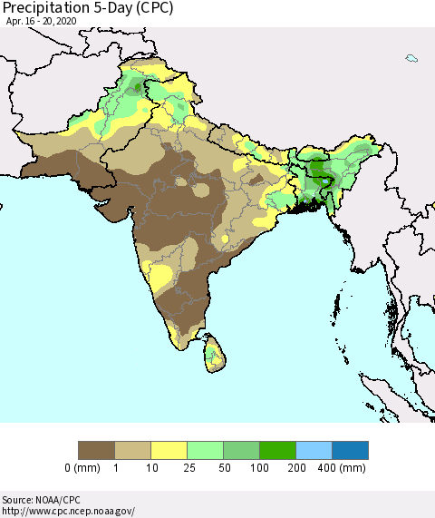 Southern Asia Precipitation 5-Day (CPC) Thematic Map For 4/16/2020 - 4/20/2020