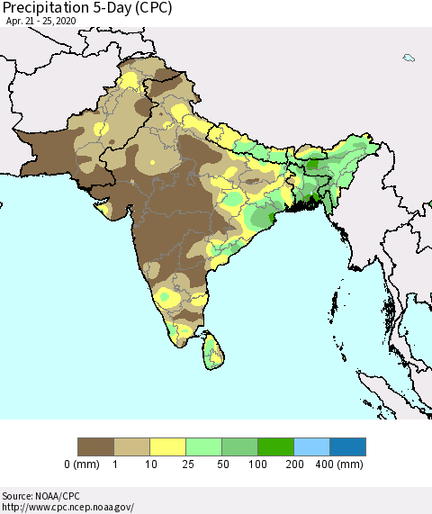 Southern Asia Precipitation 5-Day (CPC) Thematic Map For 4/21/2020 - 4/25/2020