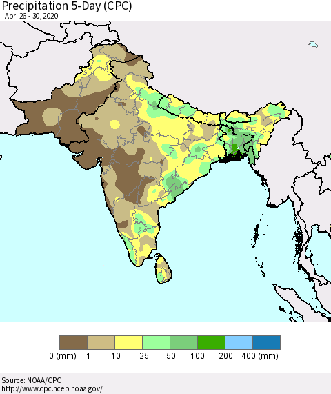 Southern Asia Precipitation 5-Day (CPC) Thematic Map For 4/26/2020 - 4/30/2020