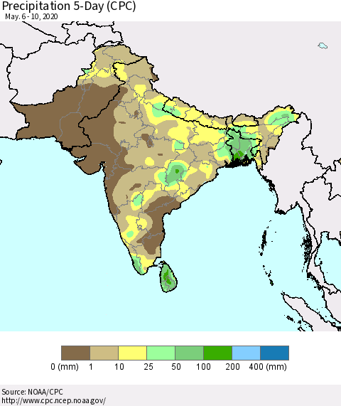 Southern Asia Precipitation 5-Day (CPC) Thematic Map For 5/6/2020 - 5/10/2020