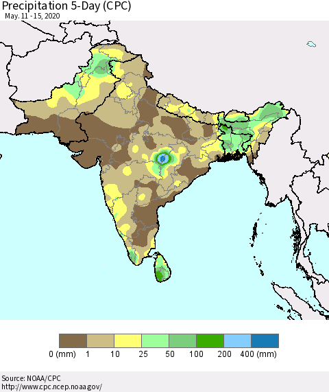 Southern Asia Precipitation 5-Day (CPC) Thematic Map For 5/11/2020 - 5/15/2020