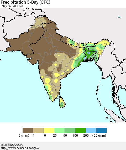 Southern Asia Precipitation 5-Day (CPC) Thematic Map For 5/16/2020 - 5/20/2020