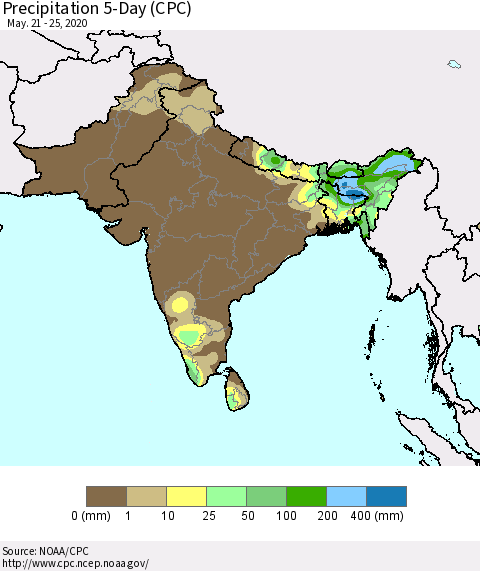 Southern Asia Precipitation 5-Day (CPC) Thematic Map For 5/21/2020 - 5/25/2020
