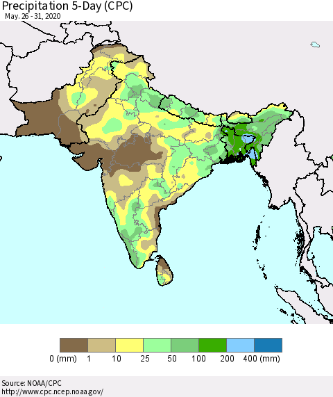 Southern Asia Precipitation 5-Day (CPC) Thematic Map For 5/26/2020 - 5/31/2020