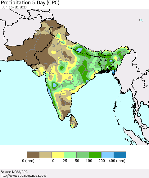 Southern Asia Precipitation 5-Day (CPC) Thematic Map For 6/16/2020 - 6/20/2020