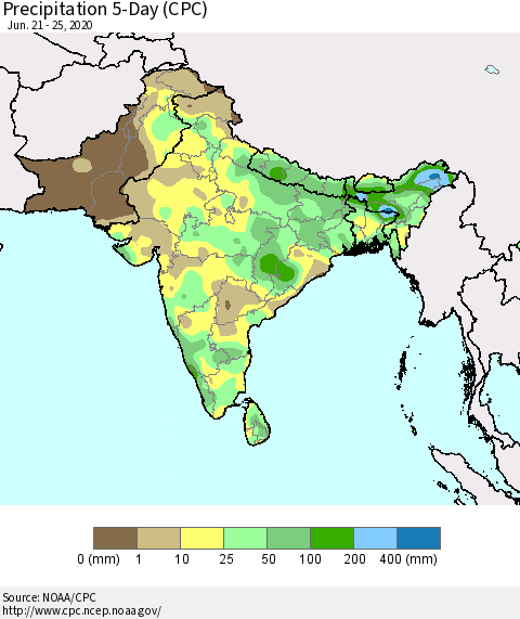Southern Asia Precipitation 5-Day (CPC) Thematic Map For 6/21/2020 - 6/25/2020