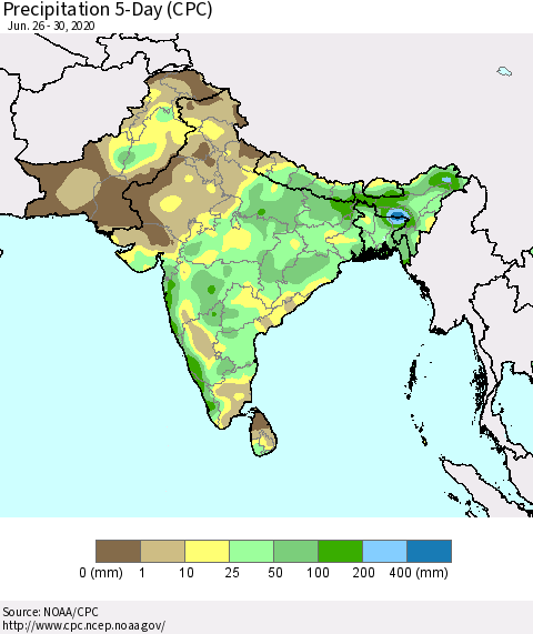 Southern Asia Precipitation 5-Day (CPC) Thematic Map For 6/26/2020 - 6/30/2020