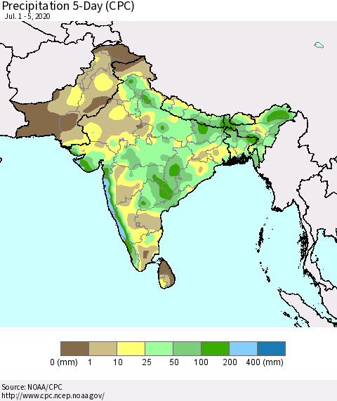 Southern Asia Precipitation 5-Day (CPC) Thematic Map For 7/1/2020 - 7/5/2020