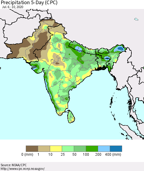 Southern Asia Precipitation 5-Day (CPC) Thematic Map For 7/6/2020 - 7/10/2020