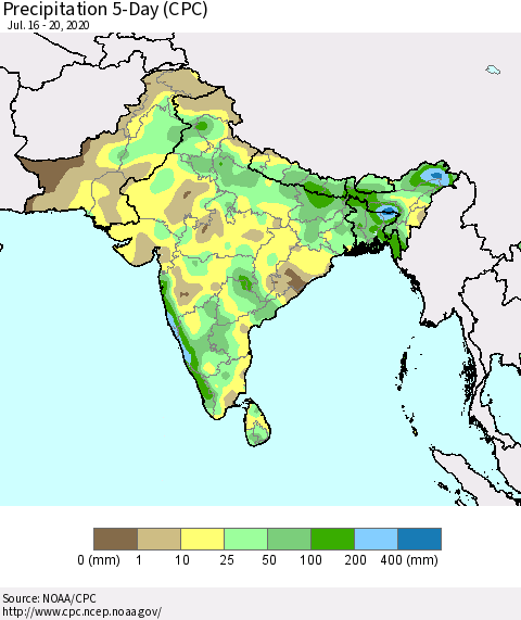 Southern Asia Precipitation 5-Day (CPC) Thematic Map For 7/16/2020 - 7/20/2020