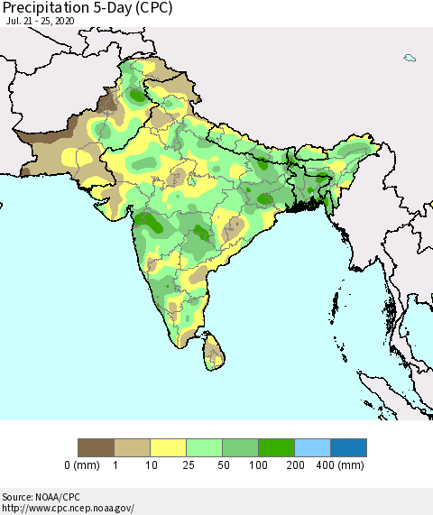 Southern Asia Precipitation 5-Day (CPC) Thematic Map For 7/21/2020 - 7/25/2020