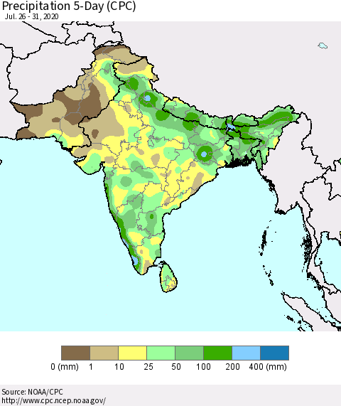 Southern Asia Precipitation 5-Day (CPC) Thematic Map For 7/26/2020 - 7/31/2020