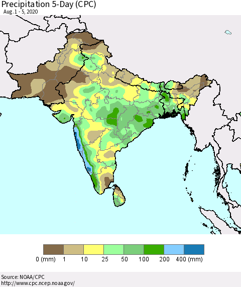 Southern Asia Precipitation 5-Day (CPC) Thematic Map For 8/1/2020 - 8/5/2020