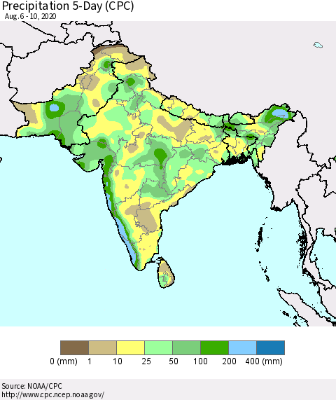 Southern Asia Precipitation 5-Day (CPC) Thematic Map For 8/6/2020 - 8/10/2020