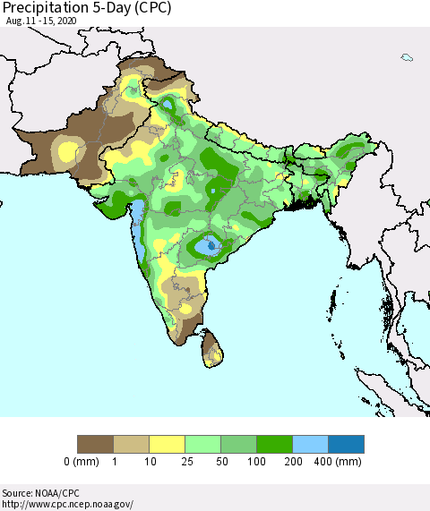 Southern Asia Precipitation 5-Day (CPC) Thematic Map For 8/11/2020 - 8/15/2020