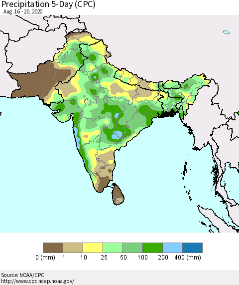 Southern Asia Precipitation 5-Day (CPC) Thematic Map For 8/16/2020 - 8/20/2020