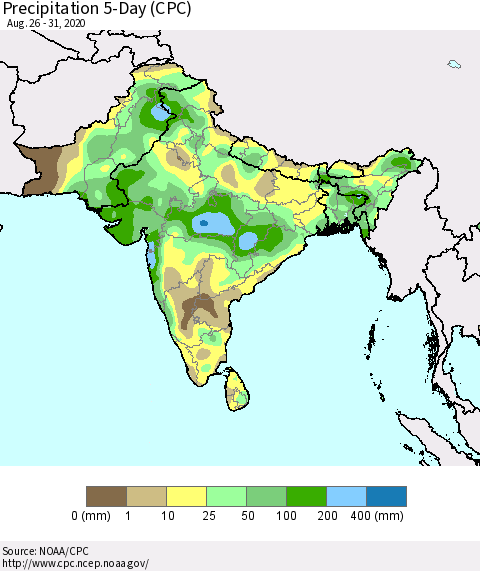 Southern Asia Precipitation 5-Day (CPC) Thematic Map For 8/26/2020 - 8/31/2020