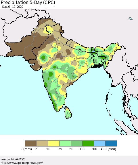 Southern Asia Precipitation 5-Day (CPC) Thematic Map For 9/6/2020 - 9/10/2020