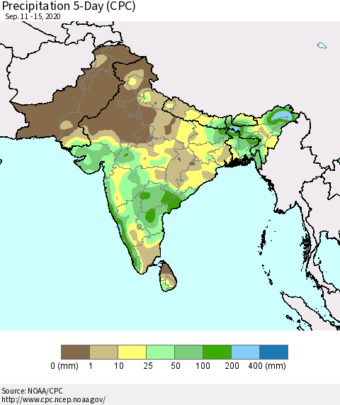 Southern Asia Precipitation 5-Day (CPC) Thematic Map For 9/11/2020 - 9/15/2020