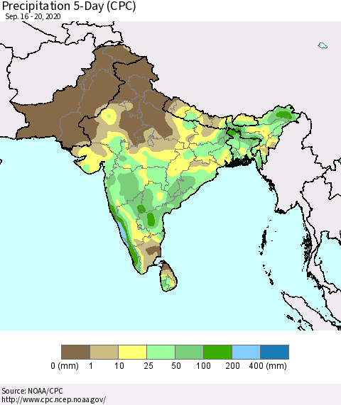 Southern Asia Precipitation 5-Day (CPC) Thematic Map For 9/16/2020 - 9/20/2020