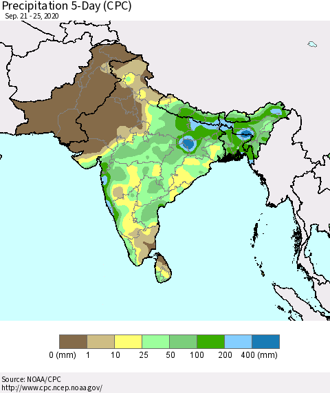 Southern Asia Precipitation 5-Day (CPC) Thematic Map For 9/21/2020 - 9/25/2020