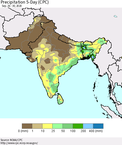 Southern Asia Precipitation 5-Day (CPC) Thematic Map For 9/26/2020 - 9/30/2020