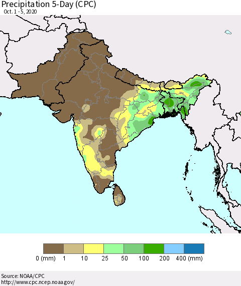 Southern Asia Precipitation 5-Day (CPC) Thematic Map For 10/1/2020 - 10/5/2020