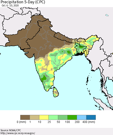 Southern Asia Precipitation 5-Day (CPC) Thematic Map For 10/6/2020 - 10/10/2020