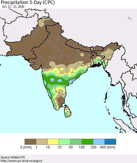 Southern Asia Precipitation 5-Day (CPC) Thematic Map For 10/11/2020 - 10/15/2020