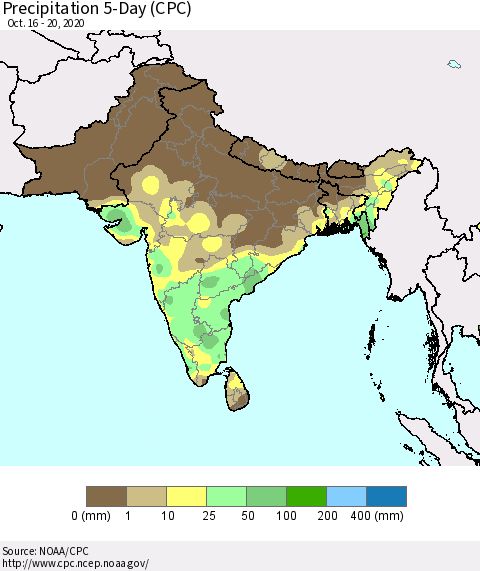 Southern Asia Precipitation 5-Day (CPC) Thematic Map For 10/16/2020 - 10/20/2020