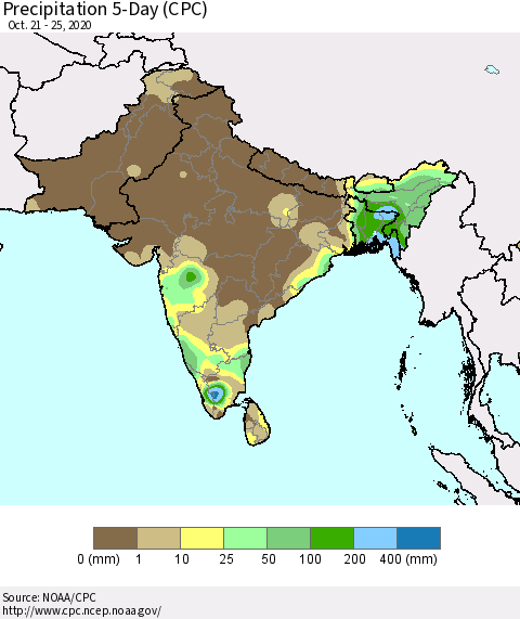 Southern Asia Precipitation 5-Day (CPC) Thematic Map For 10/21/2020 - 10/25/2020