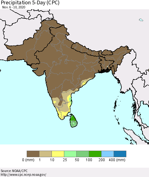 Southern Asia Precipitation 5-Day (CPC) Thematic Map For 11/6/2020 - 11/10/2020