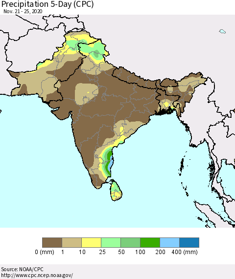 Southern Asia Precipitation 5-Day (CPC) Thematic Map For 11/21/2020 - 11/25/2020