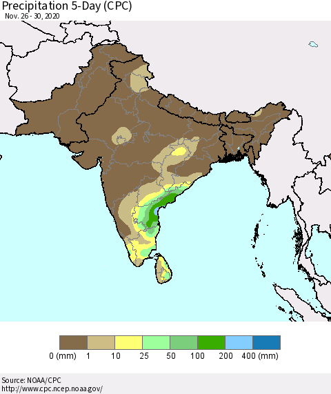 Southern Asia Precipitation 5-Day (CPC) Thematic Map For 11/26/2020 - 11/30/2020