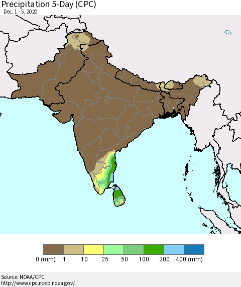 Southern Asia Precipitation 5-Day (CPC) Thematic Map For 12/1/2020 - 12/5/2020