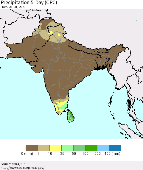 Southern Asia Precipitation 5-Day (CPC) Thematic Map For 12/26/2020 - 12/31/2020