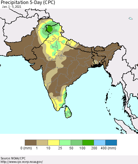 Southern Asia Precipitation 5-Day (CPC) Thematic Map For 1/1/2021 - 1/5/2021