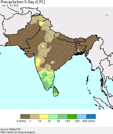 Southern Asia Precipitation 5-Day (CPC) Thematic Map For 1/6/2021 - 1/10/2021